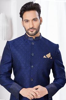 Picture of Enticing Navy Blue Designer Indo-Western Sherwani for Reception, Wedding, and Party