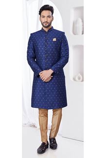 Picture of Aesthetic Navy Blue Designer Indo-Western Sherwani for Reception, Wedding, and Party