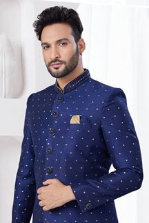 Picture of Aesthetic Navy Blue Designer Indo-Western Sherwani for Reception, Wedding, and Party