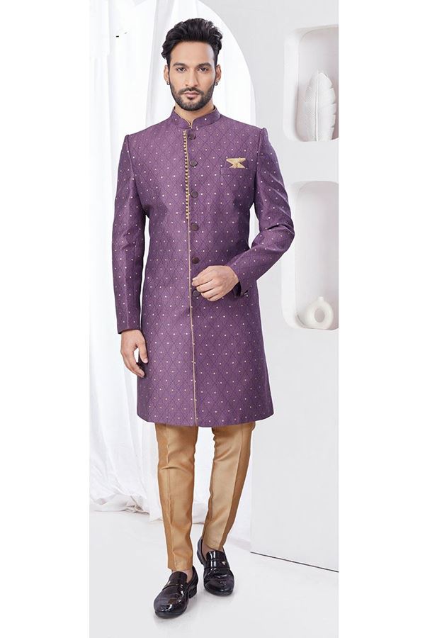 Picture of Exquisite Light Wine Designer Indo-Western Sherwani for Reception and Engagement