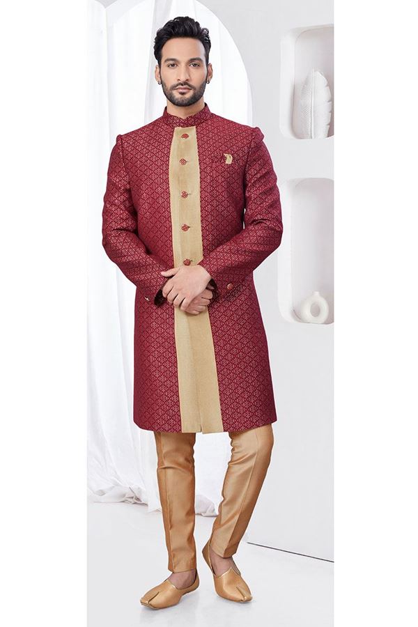 Picture of Charming Marron with Chikoo Designer Indo-Western Sherwani for Reception and Wedding