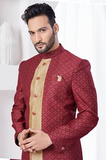 Picture of Charming Marron with Chikoo Designer Indo-Western Sherwani for Reception and Wedding