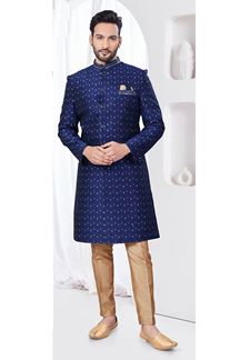Picture of Exuberant Navy Blue Designer Indo-Western Sherwani for Reception, Wedding, and Party