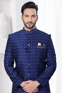 Picture of Exuberant Navy Blue Designer Indo-Western Sherwani for Reception, Wedding, and Party