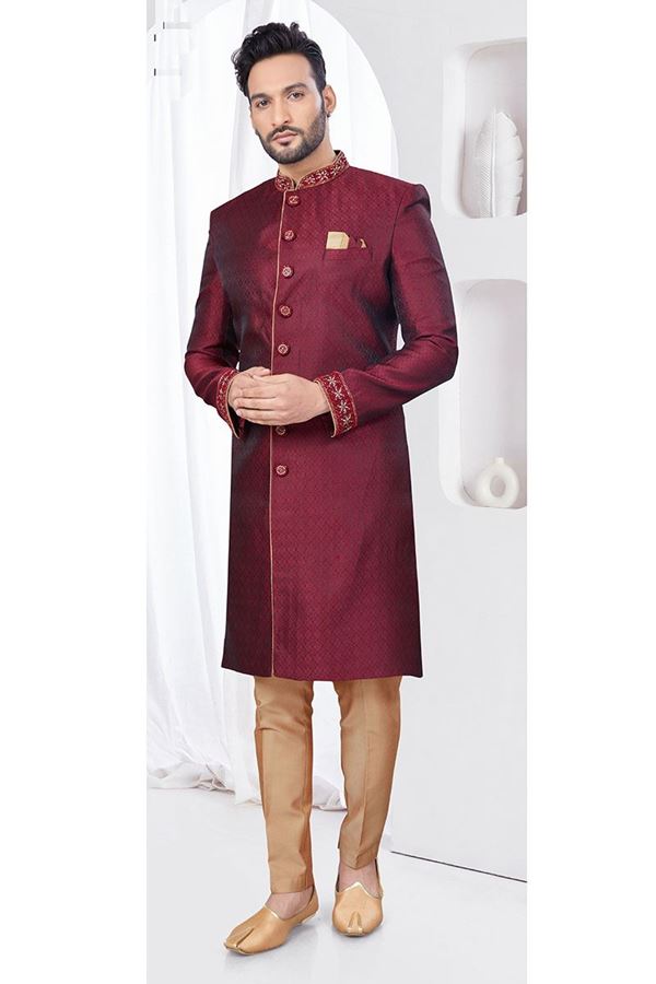 Picture of Classy Marron Designer Indo-Western Sherwani for Reception, Wedding