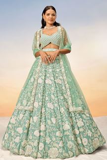 Picture of Dazzling Sea Green Designer Indo-Western Lehenga Choli for Engagement and Reception