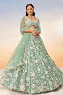 Picture of Dazzling Sea Green Designer Indo-Western Lehenga Choli for Engagement and Reception