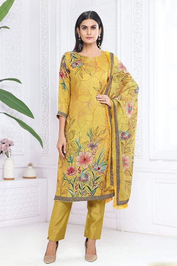 Picture of Vibrant Art Silk Designer Straight Cut Suit for Haldi and Festival