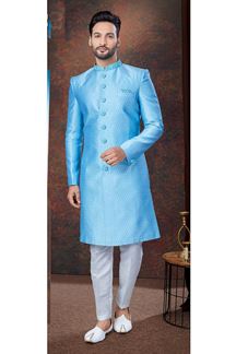 Picture of Appealing Sky Blue Designer Indo-Western Sherwani for Engagement and Reception
