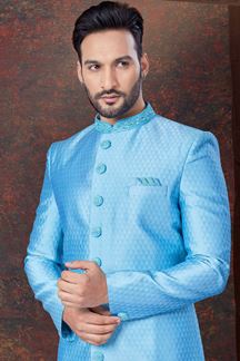 Picture of Appealing Sky Blue Designer Indo-Western Sherwani for Engagement and Reception