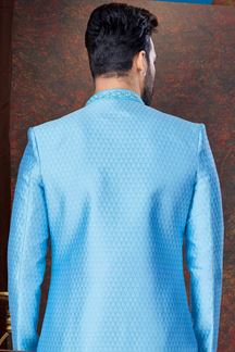 Picture of Appealing Sky Blue Designer Indo-Western Sherwani for Engagement and Reception