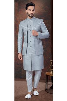 Picture of Fashionable Grey Designer Indo-Western Men’s Wear for Reception, Engagement, and Party