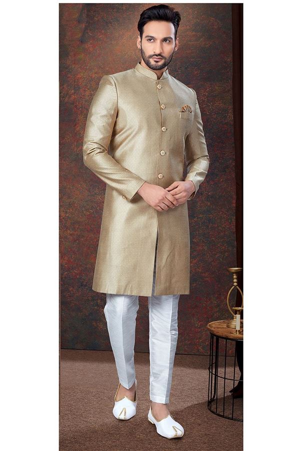 Picture of Elegant Light Antique Designer Indo-Western Sherwani for Engagement, Reception, Festival