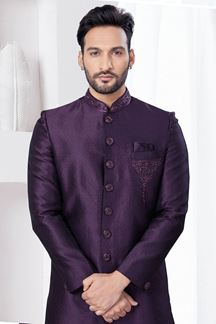 Picture of Attractive Wine Designer Indo-Western Sherwani for Wedding and Reception