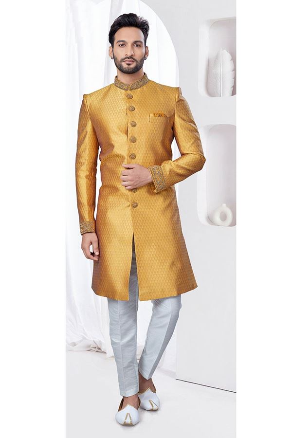 Picture of Stylish Mustard Designer Indo-Western Sherwani for Wedding, Haldi, Reception and Festival