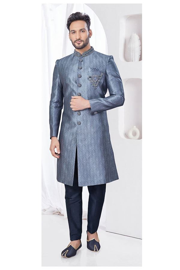 Picture of Dashing Grey Designer Indo-Western Sherwani for Wedding and Reception