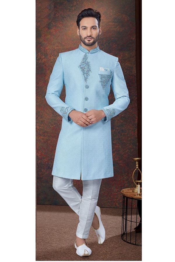 Picture of Charismatic Sky Blue Designer Indo-Western Sherwani for Engagement and Reception