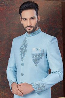 Picture of Charismatic Sky Blue Designer Indo-Western Sherwani for Engagement and Reception