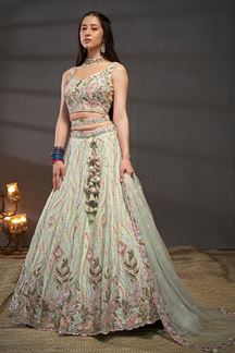 Picture of Charismatic Lime Green Designer Bridal Indo-Western Lehenga Choli for Engagement and Reception