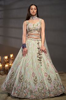 Picture of Charismatic Lime Green Designer Bridal Indo-Western Lehenga Choli for Engagement and Reception