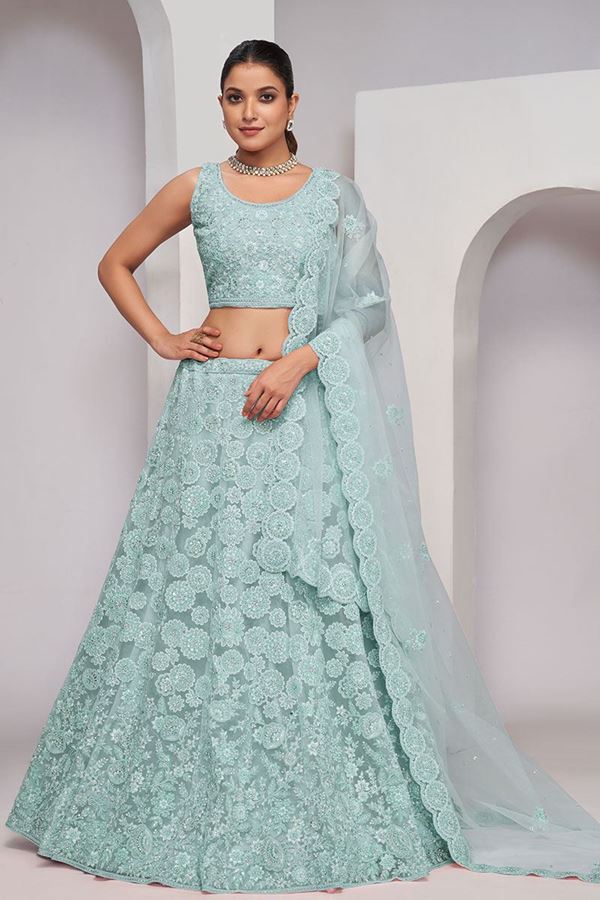 Picture of Alluring Light Blue Designer Indo-Western Lehenga Choli for Engagement and Reception 