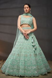 Picture of Charismatic Turquoise Blue Designer Indo-Western Lehenga Choli for Engagement, Wedding and Reception