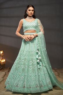 Picture of Flawless Turquoise Blue Designer Indo-Western Lehenga Choli for Engagement, Wedding and Reception