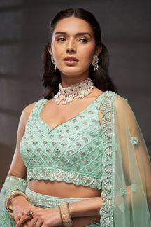 Picture of Flawless Turquoise Blue Designer Indo-Western Lehenga Choli for Engagement, Wedding and Reception