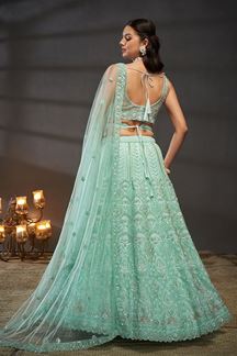 Picture of Flawless Turquoise Blue Designer Indo-Western Lehenga Choli for Engagement, Wedding and Reception