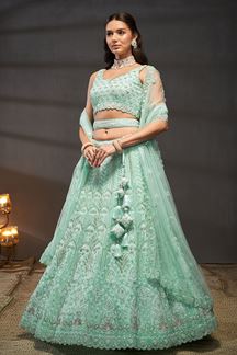 Picture of Flawless Turquoise Blue Designer Indo-Western Lehenga Choli for Engagement, Wedding and Reception