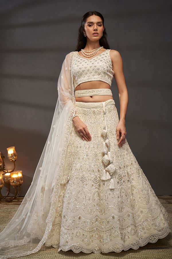 Picture of Spectacular Cream Designer Indo-Western Lehenga Choli for Engagement, Wedding and Reception