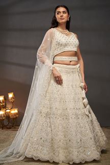 Picture of Spectacular Cream Designer Indo-Western Lehenga Choli for Engagement, Wedding and Reception