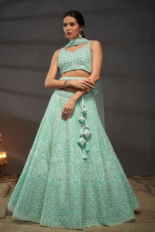 Picture of Outstanding Turquoise Blue Designer Indo-Western Lehenga Choli for Engagement, Wedding and Reception