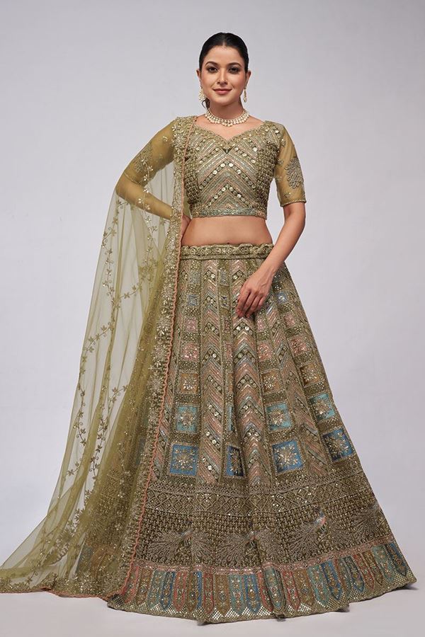 Picture of Aesthetic Olive Green Designer Wedding Lehenga Choli for Engagement, Wedding, and Reception 