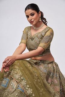 Picture of Aesthetic Olive Green Designer Wedding Lehenga Choli for Engagement, Wedding, and Reception 