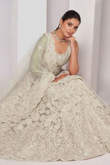 Picture of Enticing Ivory Designer Indo-Western Lehenga Choli for Engagement and Reception 