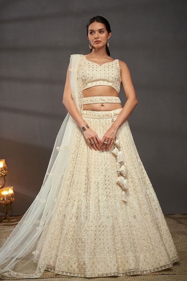 Picture of Fascinating Cream Designer Indo-Western Lehenga Choli for Engagement, Wedding and Reception