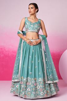 Picture of Vibrant Turquoise Blue Designer Indo-Western Lehenga Choli for Engagement, Wedding and Reception