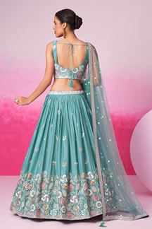 Picture of Vibrant Turquoise Blue Designer Indo-Western Lehenga Choli for Engagement, Wedding and Reception