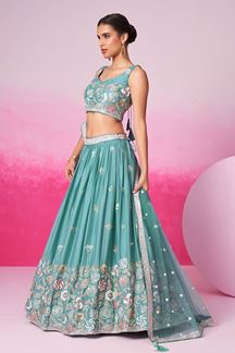 Picture of Vibrant Turquoise Blue Designer Indo-Western Lehenga Choli for Engagement, Wedding and Reception