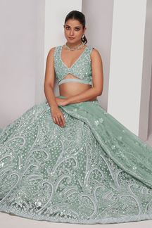 Picture of Stunning Mint Green Designer Indo-Western Lehenga Choli for Engagement and Reception 