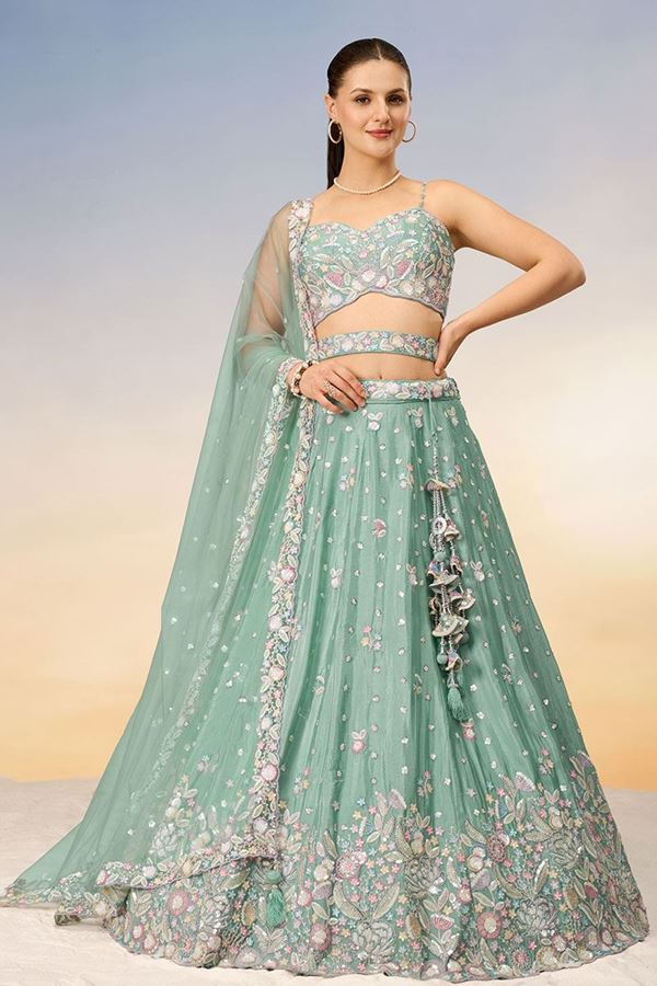 Picture of Outstanding Sea Green Designer Indo-Western Lehenga Choli for Reception and Engagement