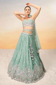 Picture of Outstanding Sea Green Designer Indo-Western Lehenga Choli for Reception and Engagement