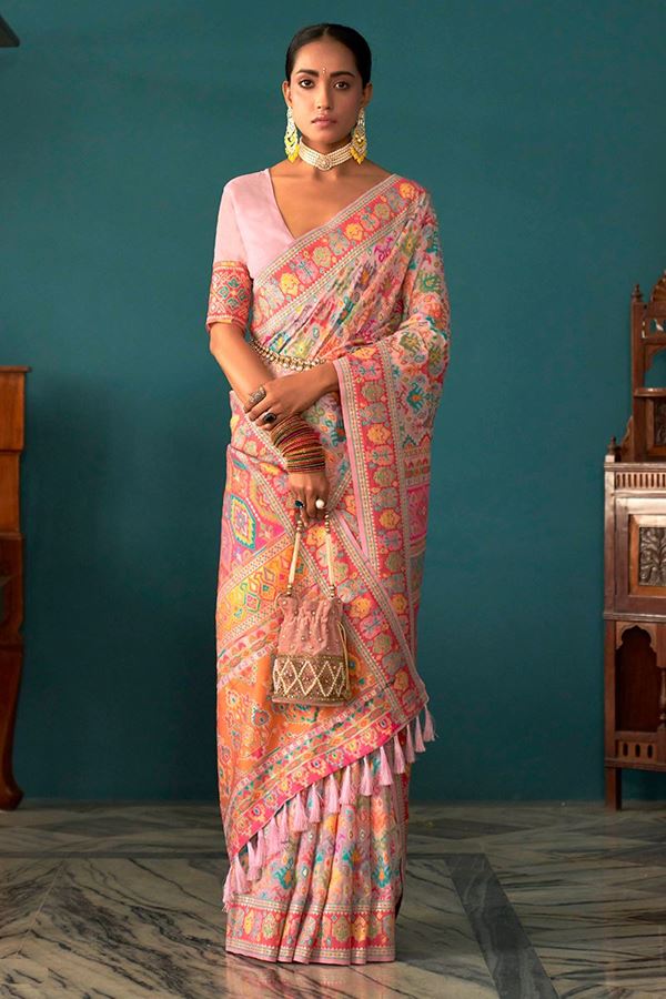 Picture of Attractive Baby Pink Kashmiri Designer Saree for Wedding, Reception, and Party