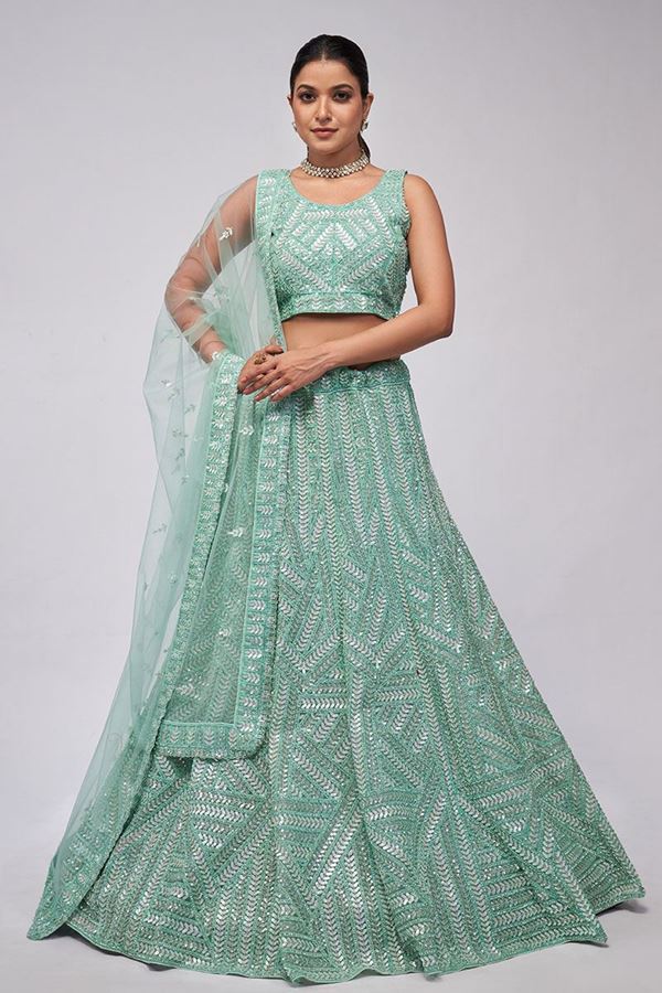 Picture of Flamboyant Mint Green Designer Indo-Western Lehenga Choli for Engagement and Reception 