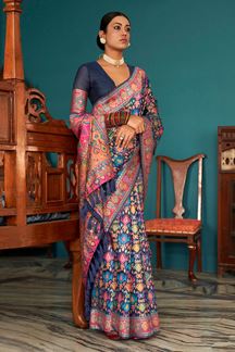 Picture of Aesthetic Navy Blue Kashmiri Designer Saree for Wedding, Reception, and Party