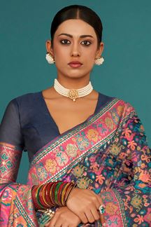 Picture of Aesthetic Navy Blue Kashmiri Designer Saree for Wedding, Reception, and Party