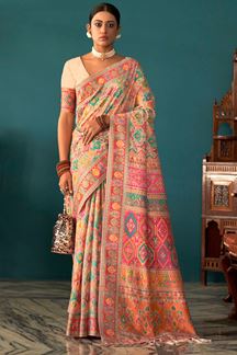 Picture of Enticing Peach Kashmiri Designer Saree for Wedding, Reception, and Party