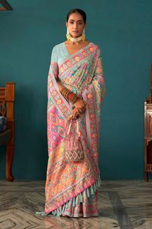Picture of Beautiful Aqua Blue Kashmiri Designer Saree for Wedding, Reception, and Party
