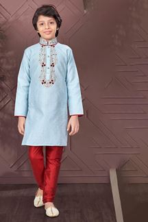 Picture of Spectacular Sky Blue Colored Designer Kid’s Kurta Pajama Set for Festivals and Party